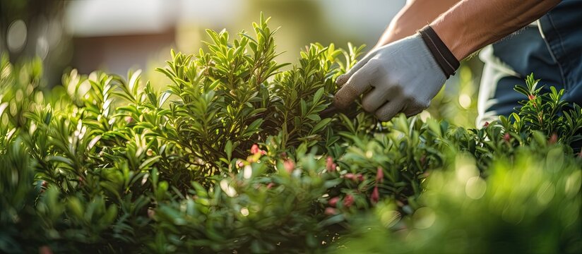 Professional landscaper trimming shrub with garden scissors Background blurred Copy space available