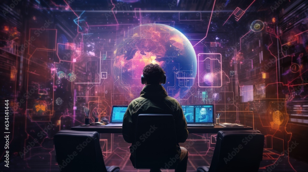 Poster masterful cyberpunk hacker immersed in a futuristic backdrop, surrounded by holographic interfaces, 