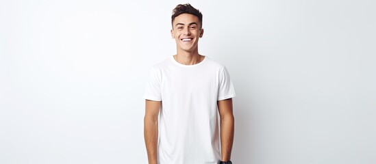 Smiling male fashion model in trendy white attire isolated on white background with space for text