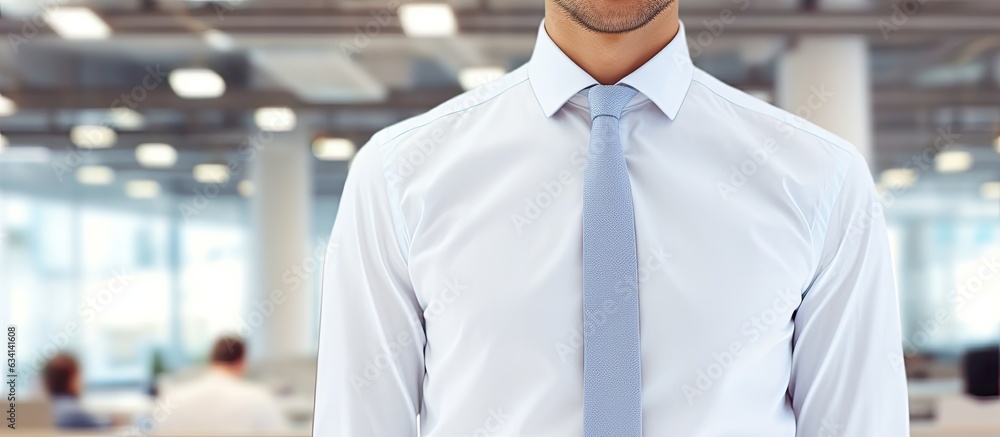 Poster smiling businessman in modern office with text space