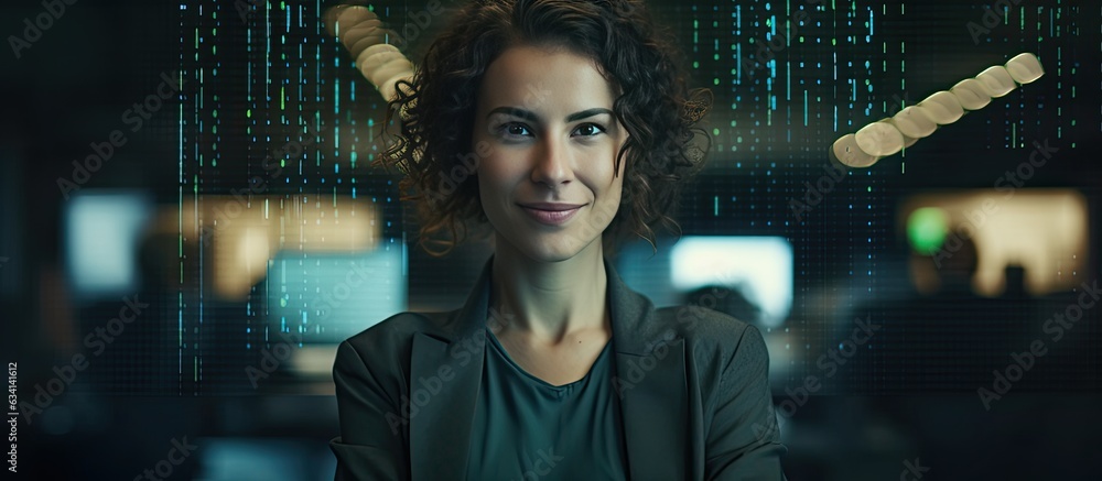Poster a woman it developer poses with a smile surrounded by code in an office