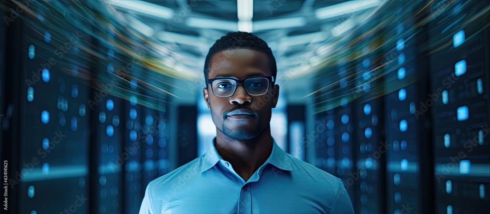 Poster african american data engineer working in server room copy space available