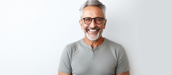 Close up portrait of happy elderly man with glasses on white background with room for text
