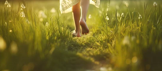 Fotobehang Weide Happy child running barefoot outdoors on green grass at sunset representing the concept of a joyful childhood