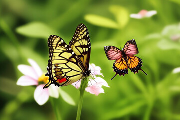 Obraz premium Two butterflys on a flower in the garden. Ai Generated 