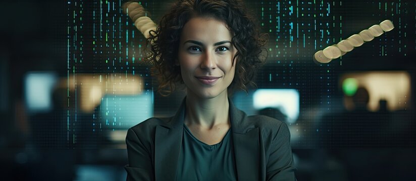 A woman IT developer poses with a smile surrounded by code in an office