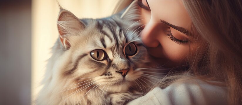 Close up photo of woman hugging adorable Siberian cat with green eyes Background with space for copy