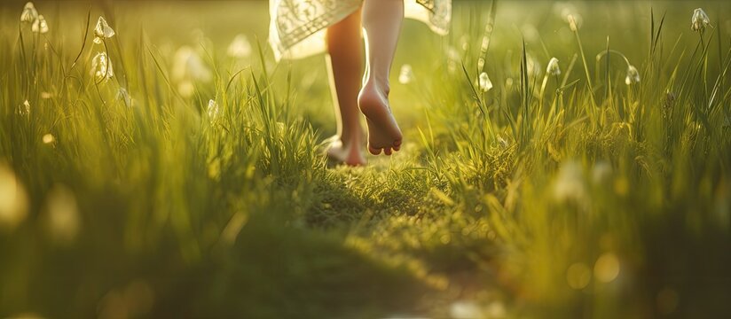 Happy child running barefoot outdoors on green grass at sunset representing the concept of a joyful childhood
