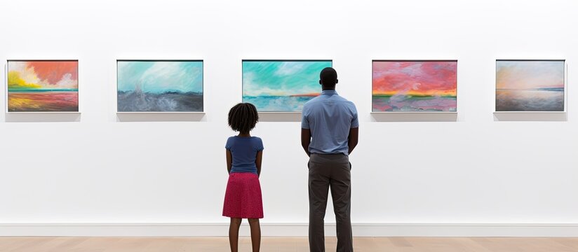 African American family observing paintings in modern art gallery minimal back view