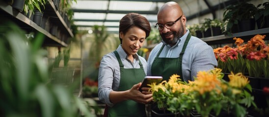 Multicultural plant nursery workers using tablet and drinking coffee