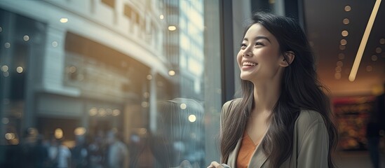 Happy Asian woman window shopping in city Copy space