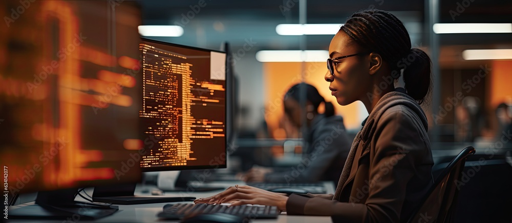 Poster Female IT developer typing on keyboard with programming code and laptop in office interior copy space available
