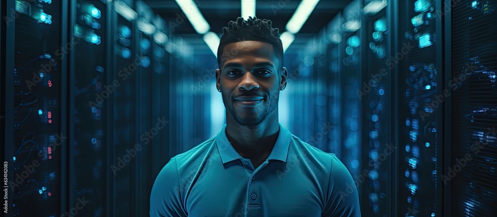 Poster african american data engineer working in server room copy space available