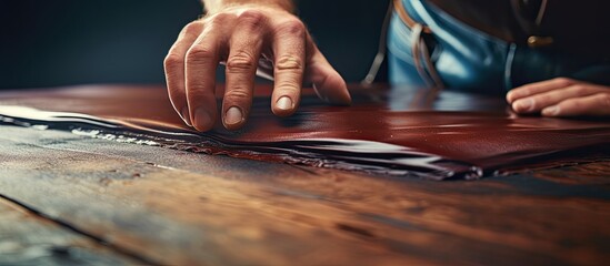 Plakat Artisan applying waterproof varnish on leather blank space