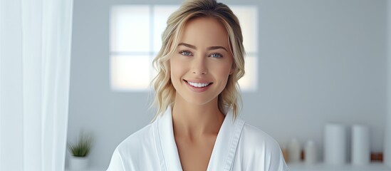 Blonde woman smiling in white bathrobe closeup portrait in bathroom promoting face and skin care - obrazy, fototapety, plakaty
