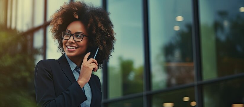 Young African American Businesswoman In Formal Attire Wearing Glasses Talking On A Smartphone Outside Office Copy Space Available