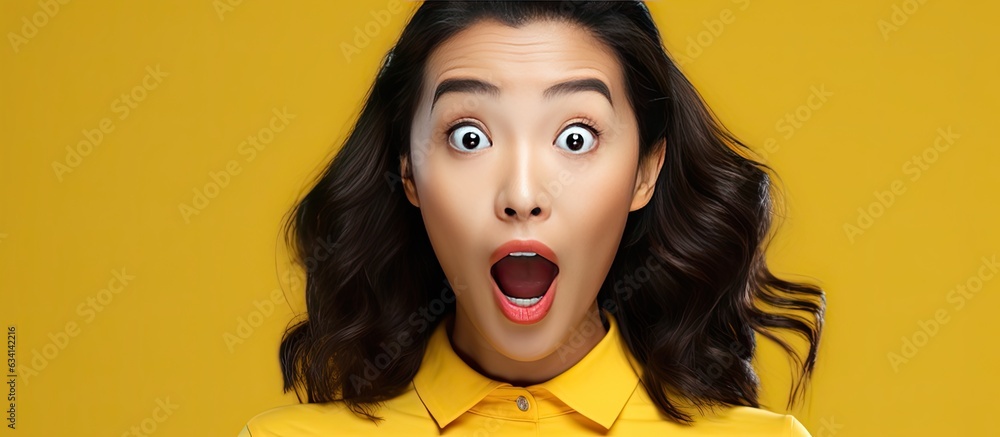 Poster asian woman smiling with excitement expressing joy and showcasing a product with expressive facial e