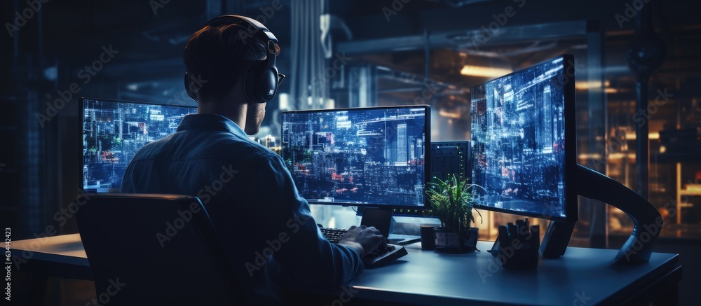 Leinwandbilder Side view of IT developer using computer in office for working on VR games and software with available space to duplicate