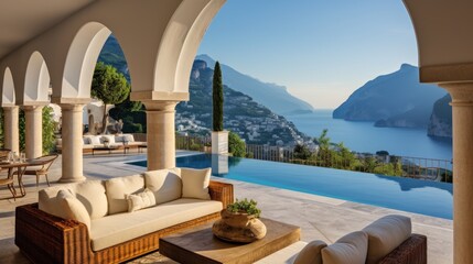Majestic villa situated along the captivating Amalfi Coast of Italy, granting breathtaking views of the shimmering Mediterranean Sea and the intricate terraced cliffs