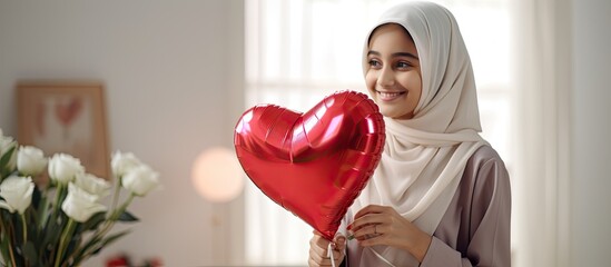 Muslim girl embraces mom with hijab greeting with card and love bonding at home