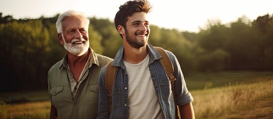 Older father and adult son enjoying nature together outdoors happy and content - obrazy, fototapety, plakaty