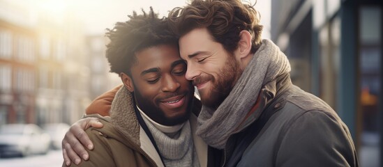 Two male friends hugging outside in the city space for text