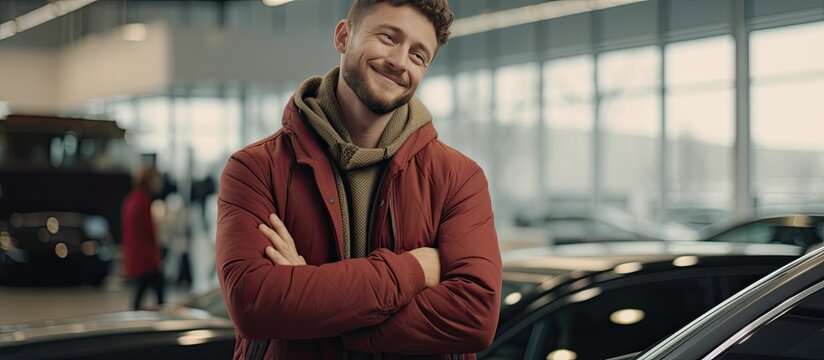 Ecstatic young man embracing new car imagining purchase at showroom Delighted millennial leaning on luxury vehicle at dealership