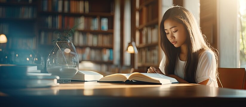 Asian female student studying and writing in library