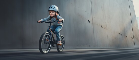 Blurry boy riding bike against gray wall cheerful child cycling in city motion blur