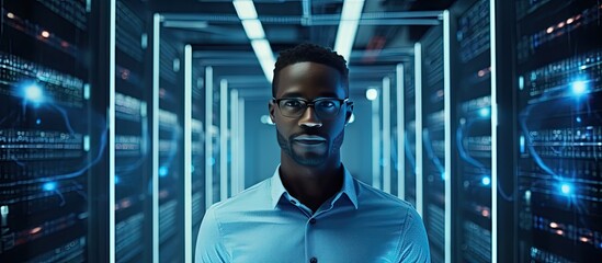 African American data engineer working in server room copy space available