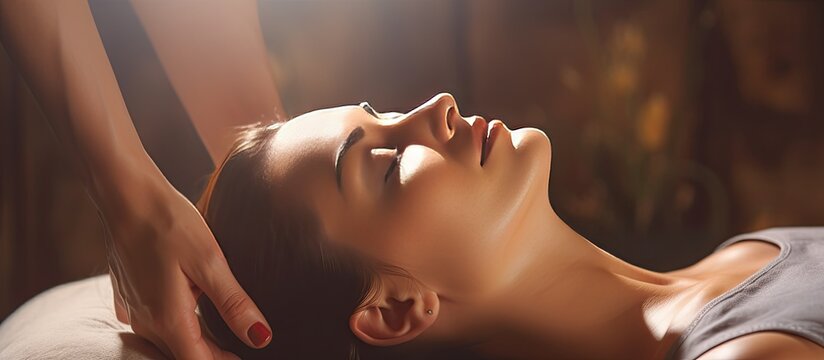 Woman receives Thai head massage at spa Cozy ambiance Tranquil setting Space for text
