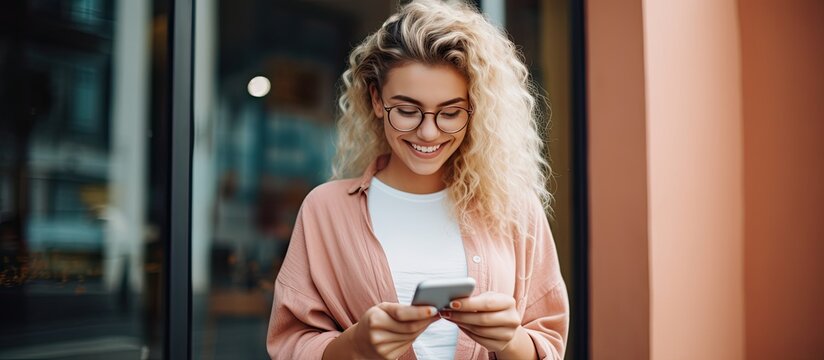 A Caucasian woman is smiling while sending a message on her smartphone in front of a promotional background She is a positive trendy girl blogging on s