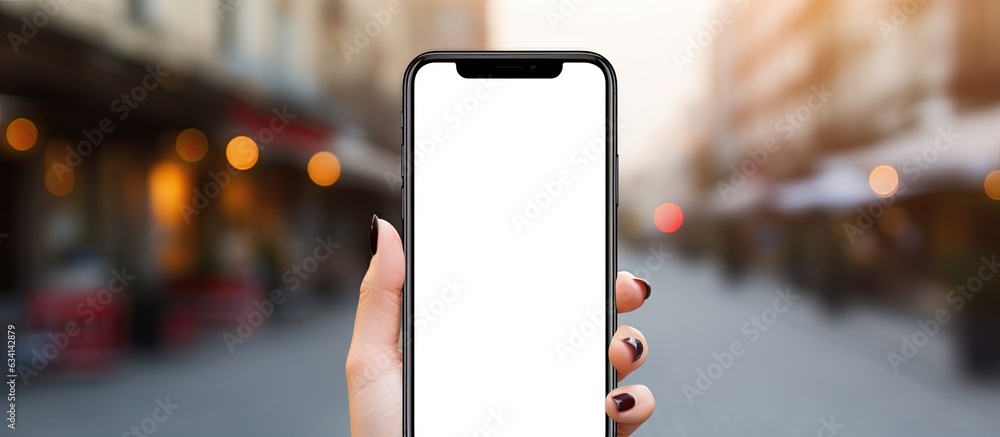 Aufkleber woman s hands holding smartphone in urban setting reading text message on the screen