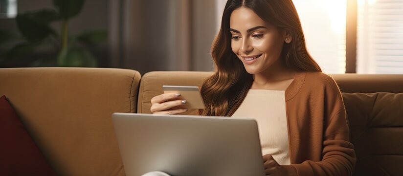 Woman Shopping Online Smiling With Laptop On Couch At Home