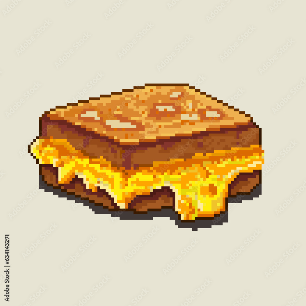 Poster pixelated art of sandwich cake with melted cheese in the middle. good use for graphic designer, espe