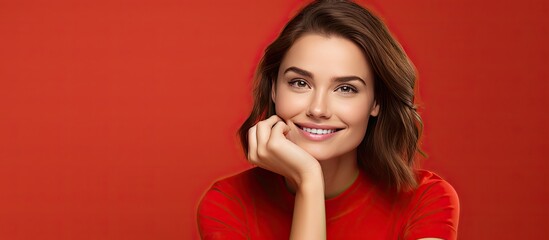 Happy brown haired girl portrait looking away isolated on a red background