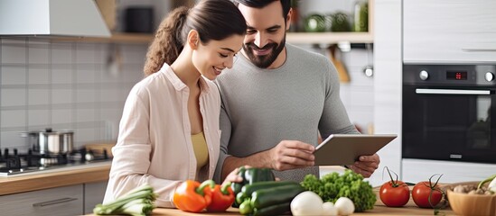 Happy couple using a digital tablet to follow an online recipe while cooking a healthy meal together at home