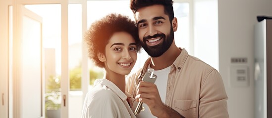 Smiling young couple excited about new home selective focus