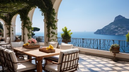 Fototapeta premium Majestic villa situated along the captivating Amalfi Coast of Italy, granting breathtaking views of the shimmering Mediterranean Sea and the intricate terraced cliffs