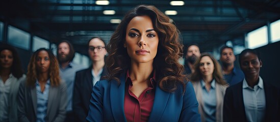 Successful female manager leading diverse team in meeting copy space available