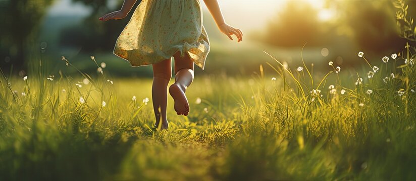 Happy Child Running Barefoot Outdoors On Green Grass At Sunset Representing The Concept Of A Joyful Childhood