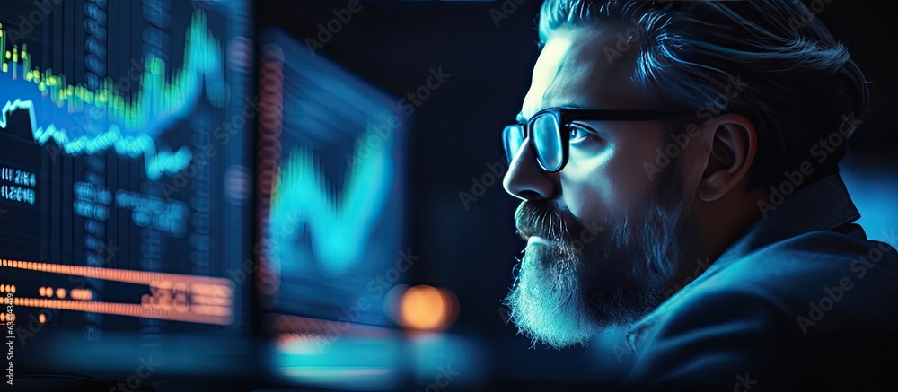 Poster focused trader wearing glasses looking at stock market charts on computer screen working late night 