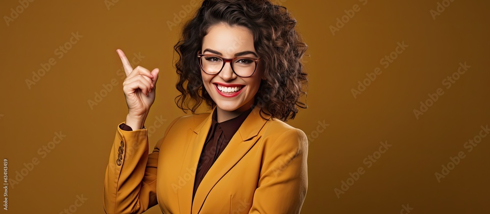 Poster a happy white woman with a professional look and eyewear pointing with her hand while smiling at the