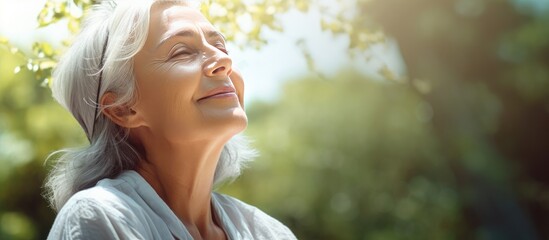 Elderly woman s portrait in park enjoying fresh air and sunlight Promoting healthcare and wellness - Powered by Adobe