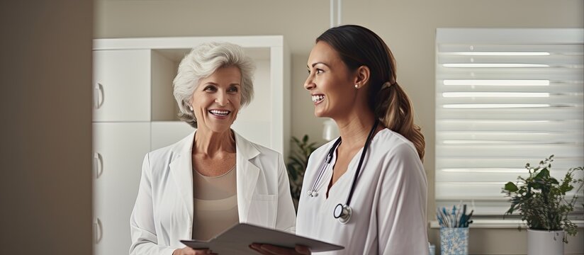 Elderly woman happy consulting doctor nurse showing test results