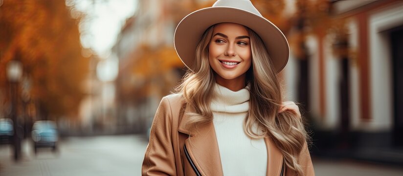 Fashion portrait of a happy woman in trendy autumn attire posing in a city street
