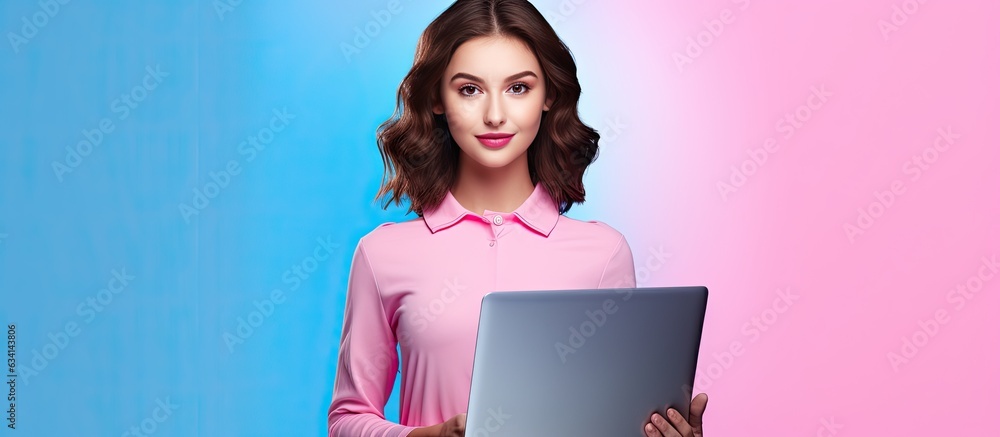 Poster studio photo of a female student holding a laptop against a pink background