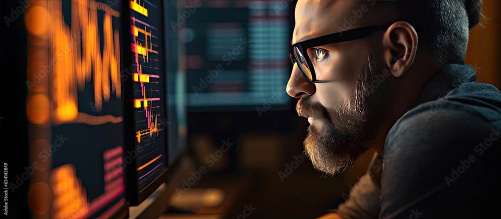 Poster focused trader wearing glasses looking at stock market charts on computer screen working late night 