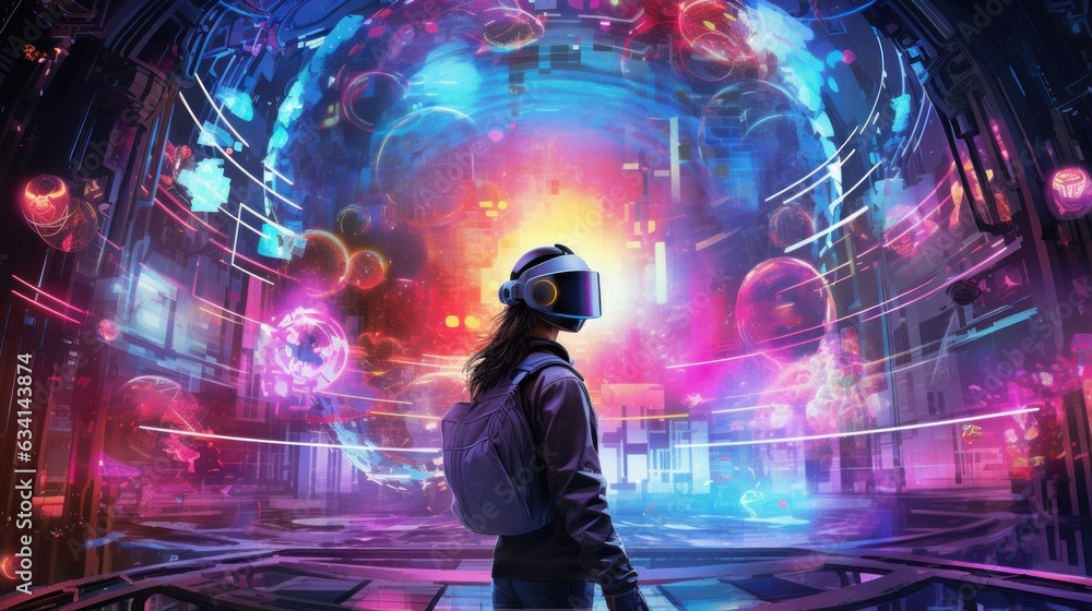 Poster picture of a cyberpunk hacker excelling in a futuristic scenario, encircled by holographic interface