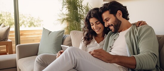 Hispanic couple on couch at home using tablet for Internet and social media Girl massaging boyfriend Copy space available